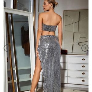 High Split Ruffle Two Pieces Sequin Dress Set-Silver
